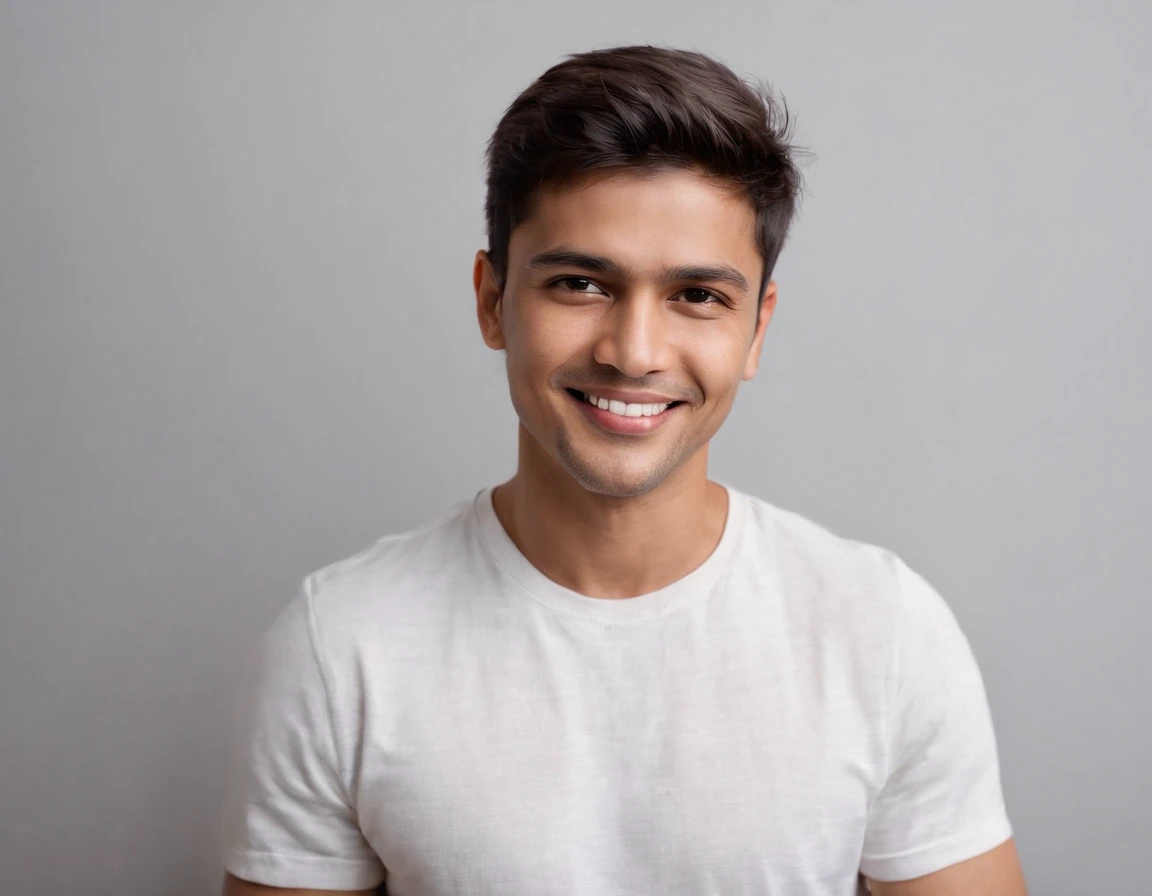 ((Indian Latino)), (Latino man), (photo: 1.3) af (photorealism: 1.3), frontal close-up, soft light, clear face, happy, cheerful, warm light, white t-shirt, (grey and white background), (blank background), (gray wall background) avatar, (short hair), smile,...