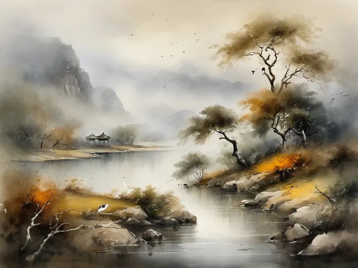 Chinese landscape painting，Two cranes，ink and watercolor painting，water ink，ink，Smudge，Faraway view，Ultra-wide viewing angle，Meticulous，River side，Small Stone Bridge，grassy fields，The tree，The vista is a mountain，（8k wallpaper），（light and shadow effect），re...