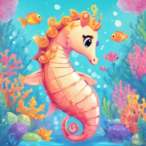 simple, vector, 4k, cheerful, flat background, illustration, under water, sea, kids background, colorful, reef, flat color, seahorse