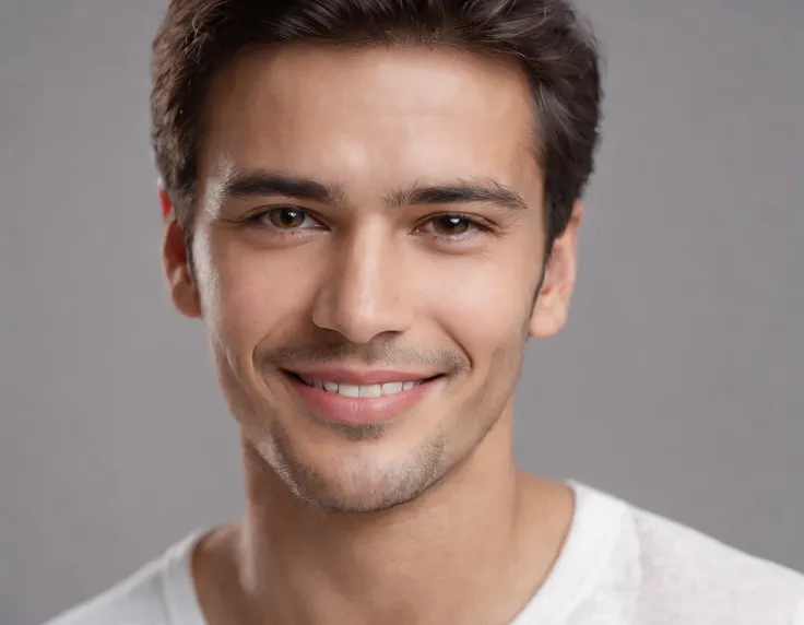 ((South American Latino)), (Latino man), (photo: 1.3) af (photorealism: 1.3), frontal close-up, soft light, clear face, happy, cheerful, warm light, white T-shirt, (grey and white background), (blank background), (gray wall background) avatar, (short hair)...