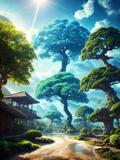 Masterpiece, best quality, high quality, highly detailed CG unity 8k wallpaper, surreal giant cyan rain tree in a futuristic prehistoric village, splashing water, sandy debris, lens flare, sun axis, fluffy clouds, ultra detailed, HDR, bloom, photorealistic...