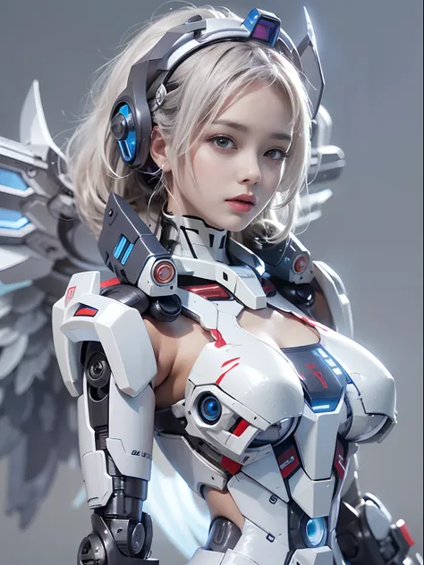 top-quality、tmasterpiece、超A high resolution、(Photorealsitic:1.4)、RAW photo、Battle Robot Angel、Large wing made of metal、White porcelain body、Acrylic transparent cover、whaite hair、glowy skin、1 Cyborg Girl、((Super realistic details))、porate、globalillumination...