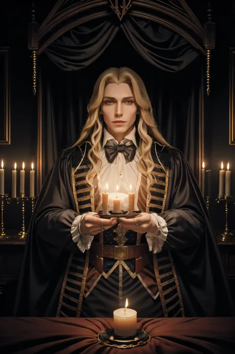 1male, handsome male, Portrait of the upper body of Alucardcastlevania wearing a court costume in the bedroomGothic room, candle, looking a viewer, low key light, Dark, Horror (subject), Realistic, Long blonde,