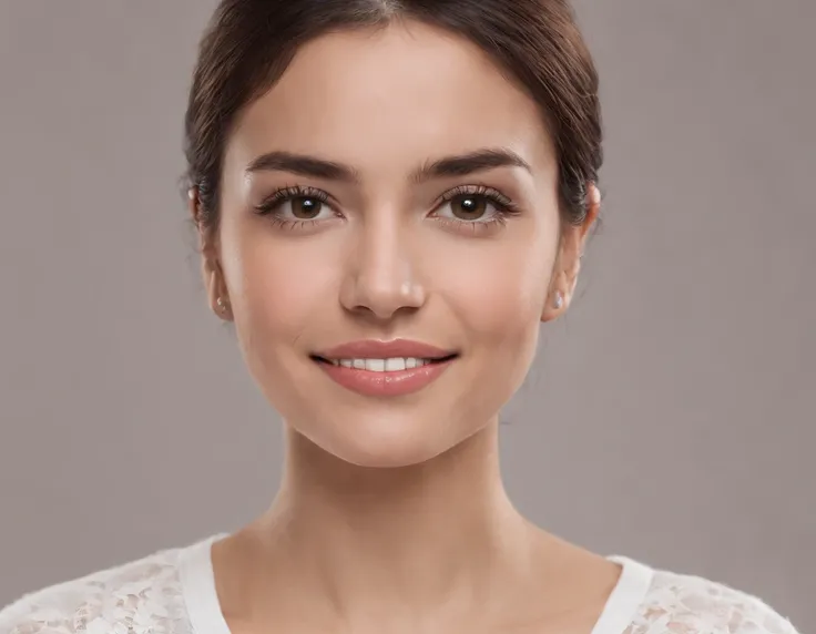 ((South American Latino)), (Latino woman), (photo: 1.3) af (photorealism: 1.3), frontal close-up, soft light, clear face, happy, cheerful, warm light, white t-shirt, (gray and white background), (blank background), (gray wall background) avatar, (short hai...