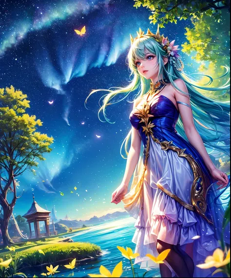 Cute girl characters、Describes a scene with grassy butterflies lying on the water flying around, Looking up at the starry sky. Surround her with colorful nebulae and her favorite constellations.