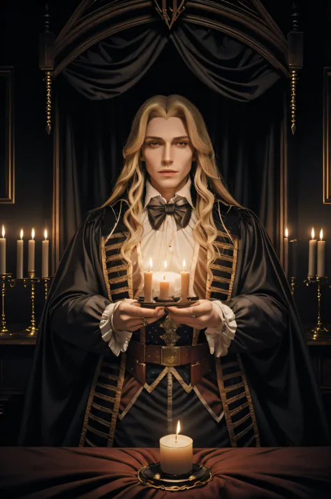 1male, handsome male, Portrait of the upper body of Alucardcastlevania wearing a court costume in the bedroomGothic room, candle, looking a viewer, low key light, Dark, Horror (subject), Realistic, Long blonde,