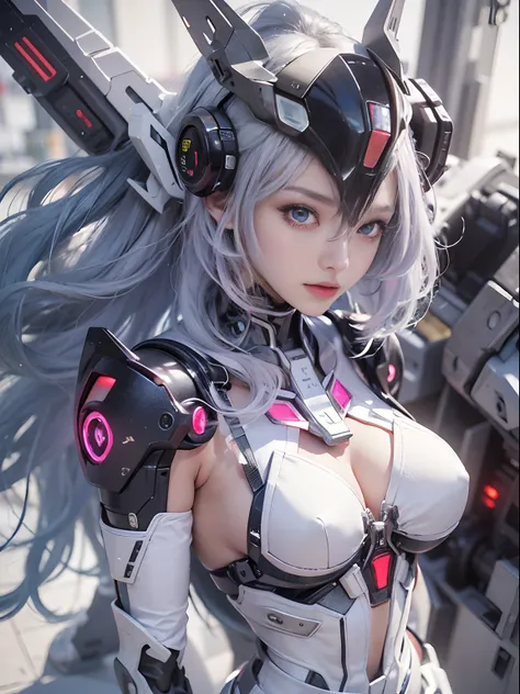 top-quality、tmasterpiece、超A high resolution、(Photorealsitic:1.4)、RAW photo、Battle Robot Angel、Large wing made of metal、White porcelain body、Acrylic transparent cover、whaite hair、glowy skin、1 Cyborg Girl、((Super realistic details))、porate、globalillumination...