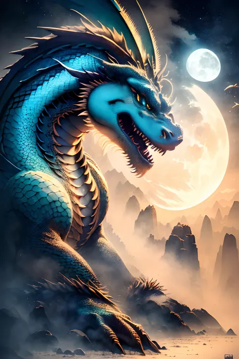 (high quality, 4k, 8k, high resolution, masterpiece:1.2), ultra-detailed, (realistic, photorealistic, photo-realistic:1.37), azure dragon, fantasy, ink, white background: 1.3, vibrant colors, illuminated by soft moonlight, mystical atmosphere, intricate pa...