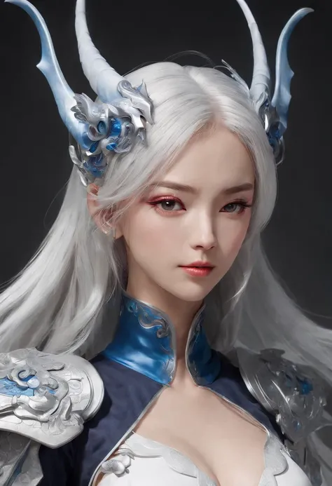 Cirilla Fiona Elen Riannon，Excellent picture quality，Outstanding details，超高分辨率，（Fidelity：1.4）, Prioritize details，Split close-up，Ride the dragon，High-tech robot dragon knight，He has a gentle and beautiful face，（（Blue and white flying semi-mechanical fusela...