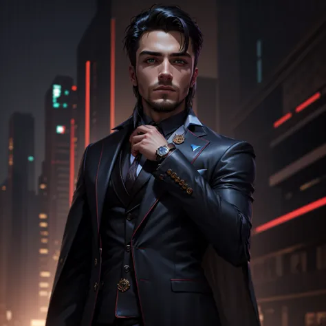 Change background cyberpunk, handsome boy, realistic face beautiful hair, nice suit, expensive watch.