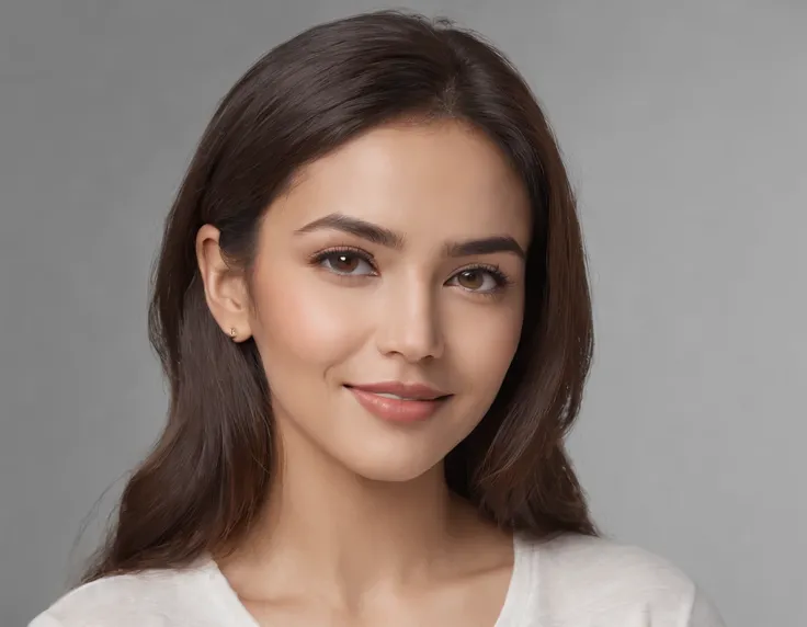 (Photo: 1.3) af (realism: 1.3), (Hispanic), Latina woman profile picture, (frontal close-up), soft light, clear face, happy, cheerful, warm light, white T-shirt, (off-white background), (blank background), ((gray wall background)) avatar, (long hair), smil...