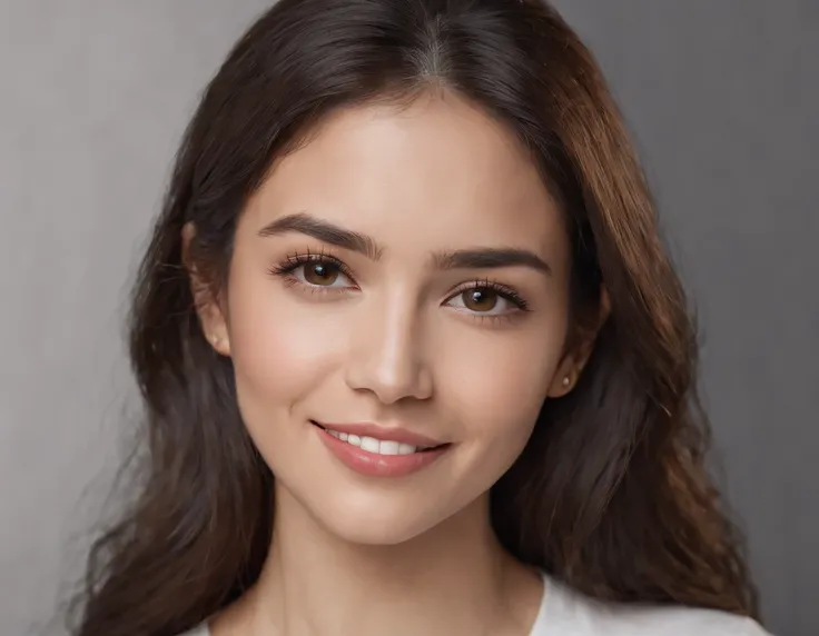 (Photo: 1.3) af (realism: 1.3), (Hispanic), Latina woman profile picture, (frontal close-up), soft light, clear face, happy, cheerful, warm light, white T-shirt, (off-white background), (blank background), ((gray wall background)) avatar, (long hair), smil...