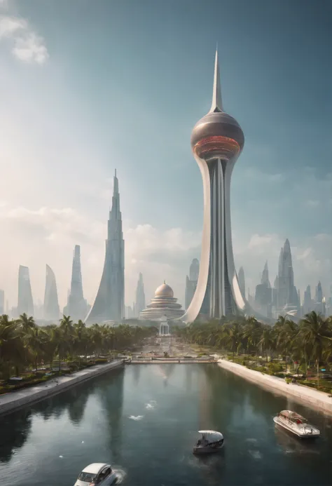 Create futuristic Indonesian monas ultra-artistic artwork, Imagine a floating city in the sky, The building structure is complex，Technologically advanced. Depict this futuristic city in rich detail, Capture bright lights, Suspended platforms and crisscross...