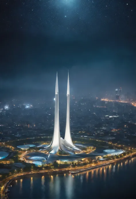 Create futuristic Indonesian monas ultra-artistic artwork, Imagine a floating city in the sky, The building structure is complex，Technologically advanced. Depict this futuristic city in rich detail, Capture bright lights, Suspended platforms and crisscross...