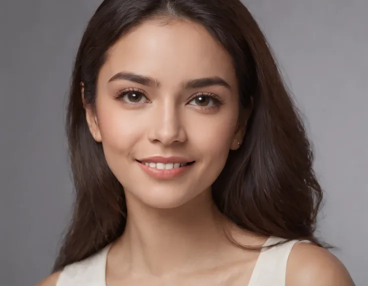 (Photo: 1.3) af (realism: 1.3), (Hispanic), Latina woman profile picture, (frontal close-up), soft light, clear face, happy, cheerful, warm light, white T-shirt, (off-white background), (blank background), ((gray wall background)) avatar, (long hair), smil...