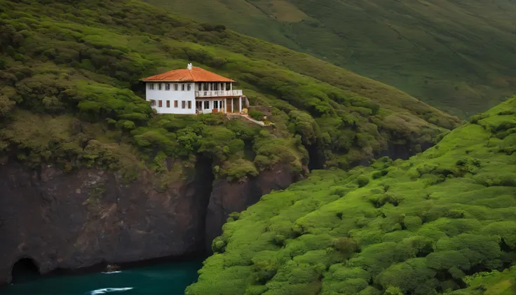 Uma casa estilo japosa em madeira no alto de uma montanha, with a plain behind and next to a quiet river with stones.