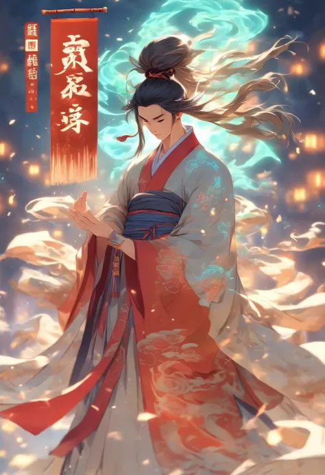 1boys,(((Solo)))，full bodyesbian,Young scholars of ancient China，(Hold the transparent illuminated scroll:1.5)，(Transparent glowing kanji hovering in midair:1.6)，（Transparent kanji background：1.5），Vertical text，glittery，Scholar in blue robes，Long flowing h...