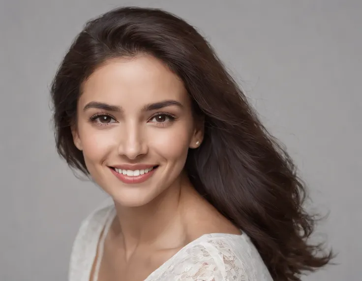 ((South American Latino)), (Latino woman), (photo: 1.3) af (realism: 1.3), frontal close-up, soft light, clear face, happy, cheerful, warm light, white t-shirt, (gray and white background), (blank background), (gray wall background) avatar, (short hair), s...