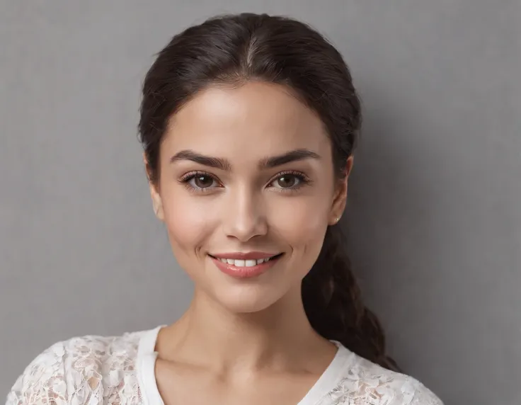 ((South American Latino)), (Latino woman), (photo: 1.3) af (realism: 1.3), frontal close-up, soft light, clear face, happy, cheerful, warm light, white t-shirt, (grey and white background), (blank background), (gray wall background) avatar, (short hair), s...