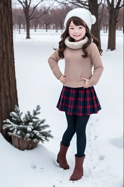 color photo, high quality, 4k, 1girl, solo, portrait, american girl, smile, winter, sweater, skirt, tights, boots, 10 years, snow