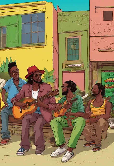 reggae jamaica, people in a square in Jamaica listening to a man playing guitar sitting on the sidewalk. Pure reggae vibes