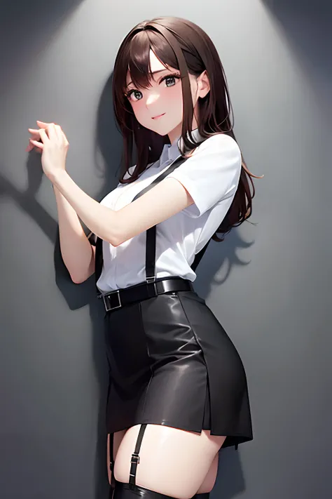 Black skirt, 　suspenders, Brown hair Gray eyes, Garter belt on the legs, Tight black clothes, 　　 a belt　Armpit sweat　　Dark look　Moderately breasts　holster　Fold your hands behind your back