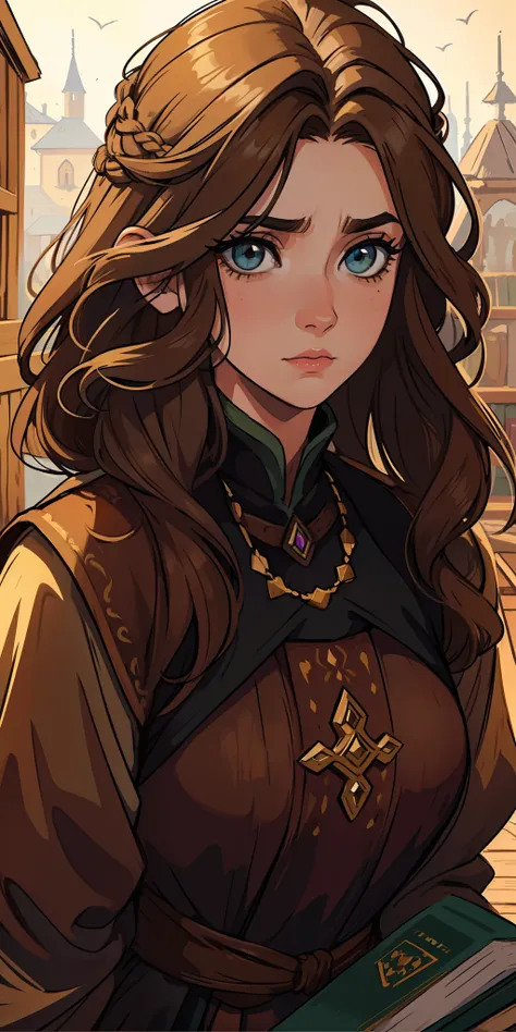 Uma bela mulher de olhos verdes e cabelos castanhos longo ondulado (brown hair) (Detailed strokes) Princess eyes Sexy curvy eyelashes A wooden wall background with bookcases Expressive drama with a sad look of concern An art for an RPG A medieval art for a...