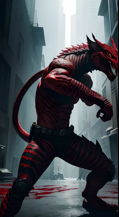 snake mask creature, Bloody Roar style, blood and black colors, punching pose, full body, Animal Anthropomorphism, realistic digital, humanoid, abstract background, global illumination, intricate, epic, dramatic, masterpiece, high detail, best quality, ult...