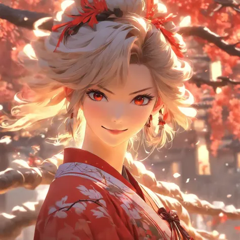 Masterpiece, Best quality, 1girll, Solo, Long hair, view the viewer, Smile, bangs, hair adornments, Red eyes, Long sleeves, dress, standing, 鎖骨, White hair, whaite hair, alternate costume, Wide sleeves, tree, Chinese clothes, Hairpin, Hanfu, ningguangrnd (...