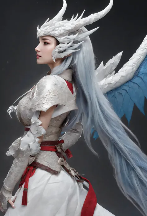 Cirilla Fiona Elen Riannon，Excellent picture quality，Outstanding details，超高分辨率，（Fidelity：1.4）, Prioritize details，Split close-up，Ride the dragon，High-tech robot dragon knight，He has a gentle and beautiful face，（（Blue and white flying semi-mechanical fusela...