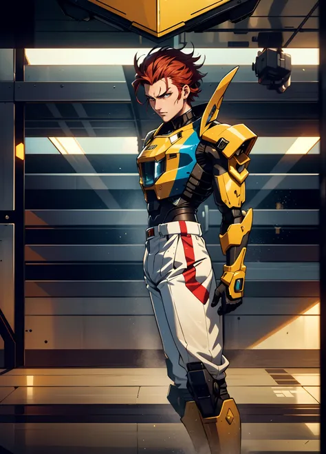 A man with short red-gold hair, hair slicked back, thick and disheveled hair, a cold and ruthless gaze, a confident expression, wears a two-piece futuristic military-style uniform, primarily in shades of white and red, accented by touches of yellow, stream...