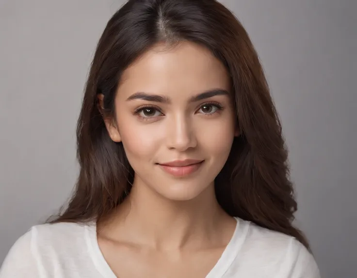 (Photo: 1.3) af (realism: 1.3), (Hispanic), Latina woman profile picture, (frontal close-up), soft light, clear face, happy, cheerful, warm light, white T-shirt, (off-white background), (blank background), ((gray wall background)) avatar, (long hair), smil...