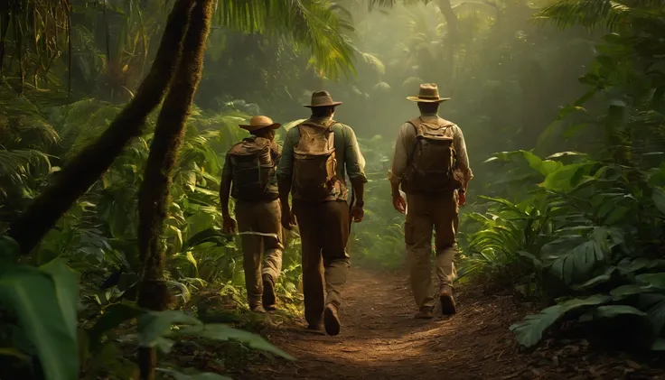 a team of treasure hunters walking through the jungle, following a hidden trail. The camera should be positioned behind the team, looking over their shoulders. The scene should be suspenseful, with the jungle noises and the teams footsteps creating a sense...