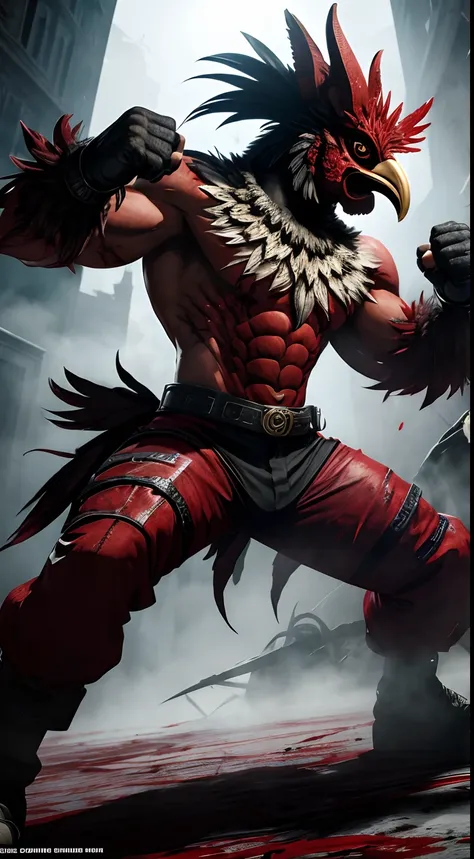 rooster mask creature, Bloody Roar style, blood and black colors, punching pose, full body, Animal Anthropomorphism, realistic digital, humanoid, abstract background, global illumination, intricate, epic, dramatic, masterpiece, high detail, best quality, u...