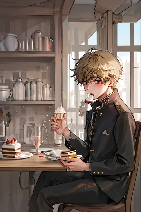 masterpiece, best quality, high quality, look at viewer, There was a boy sitting down, Young and handsome face, 1 boy, :o, blonde hair, red eyes, In the cafe, eating whole cake, messy eating, eating with his hands, strawberry sponge cake, whipped cream aro...