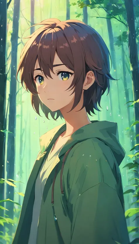 Anime boy with long hair and hairpins, beautiful anime artwork, style of anime4 K, anime art wallpaper 4k,rainy day, the woods，rain drops