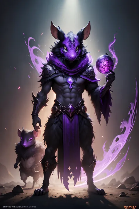 rat mask creature, druid style, purple and black colors, casting spell pose, full body, Animal Anthropomorphism, realistic digital, humanoid, abstract background, global illumination, intricate, epic, dramatic, masterpiece, high detail, best quality, ultra...