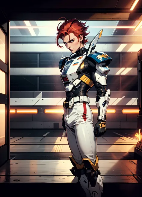 A man with short red-gold hair, hair slicked back, thick and disheveled hair, a cold and ruthless gaze, a confident expression, wears a two-piece futuristic military-style uniform, primarily in shades of white and red, accented by touches of yellow, stream...