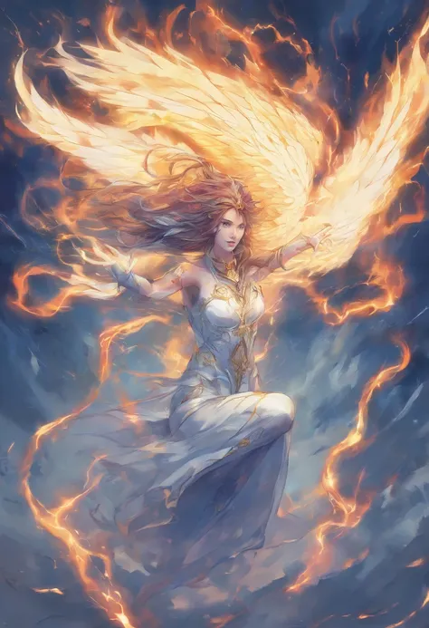 （Firebird Queen），Looking down on the world from the sky，（Engulfed in blue flames：1.5）， surrealism, masutepiece, ccurate, nffsw, awardwinning, in 8K, 1080p，Strong light from overhead、（Lightning White），Full body