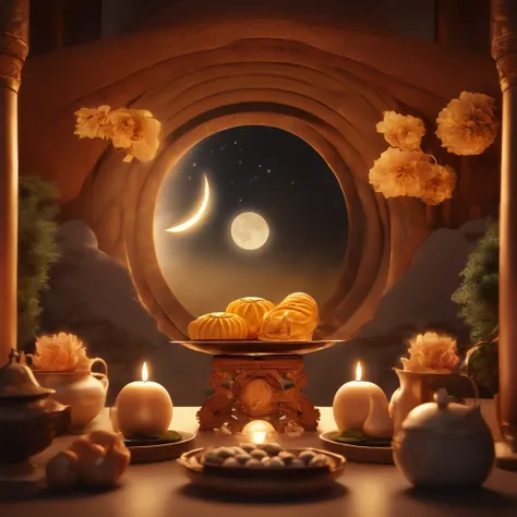 Mid-Autumn Festival, reunion, A round moon, the night, （Moon cake）, teas, the fruits, edgBunny, Change rushes to the moon, symmetry, high detail, Romanticism, sparkle, god rays, ray tracing, UHD, retina, masterpiece, ccurate, super detail, high details, hi...