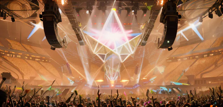 There were a lot of people in a big stadium with lights on, lasers all over the scene, lazers, tiara crown (((white lasers))), epic stunning atmosphere, elaborate stage effects, very epic atmosphere, author：Mike Winckelman, Carnival background, in a futuri...