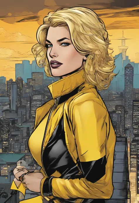 (most realistic, high high quality) Katie Sackhoff as Black Canary (Dressed in classic yellow and black outfits), Standing on the roof，Behind you is the city skyline, It has a film noir vibe and a gritty vibe, Capture their heroic and avant-garde personali...