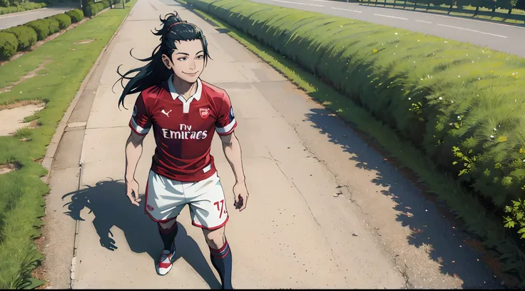 (masterpiece), best quality, outdoor, landscape, clear quality, hd quality, close up, smile, walking, (wearing Arsenal F.C. home jersey kit), suguru geto