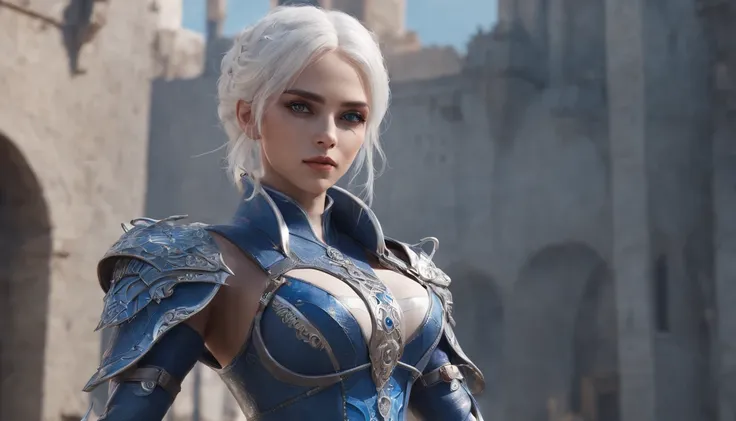 Cirilla Fiona Elen Riannon，Highest image quality，Outstanding details，超高分辨率，（Fidelity：1.4）, Favor the details，closeup cleavage，Ride a dragon，High-tech dragon knight mech，He has a delicate and beautiful face，（（Blue-white flying semi-mechanical fuselage：1.8））...