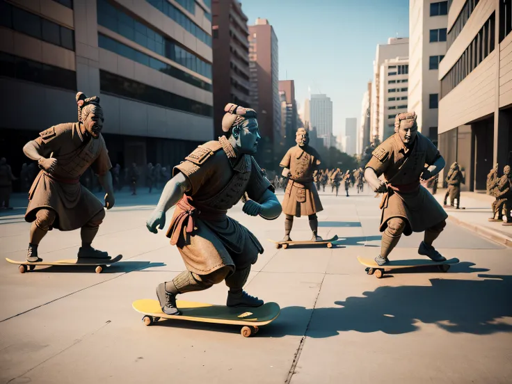 The main stone statue terracotta warriors play skateboarding sideways at the foot of the block，Perfectcomposition，8K，Face details