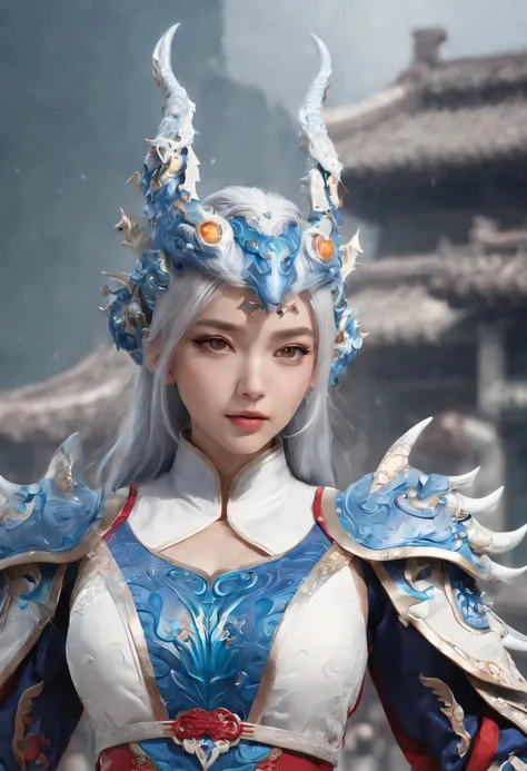 Cirilla Fiona Elen Riannon，Excellent picture quality，Outstanding details，超高分辨率，（Fidelity：1.4）, Prioritize details，Split close-up，Ride the dragon，High-tech robot dragon knight，He has a gentle and beautiful face，（（Blue and white flying semi-mechanical fusela...