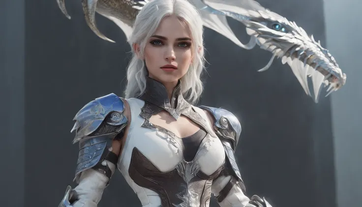 Cirilla Fiona Elen Riannon，Highest image quality，Outstanding details，超高分辨率，（Fidelity：1.4）, Favor the details，closeup cleavage，Ride a dragon，High-tech dragon knight mech，He has a delicate and beautiful face，（（Blue-white flying semi-mechanical fuselage：1.8））...