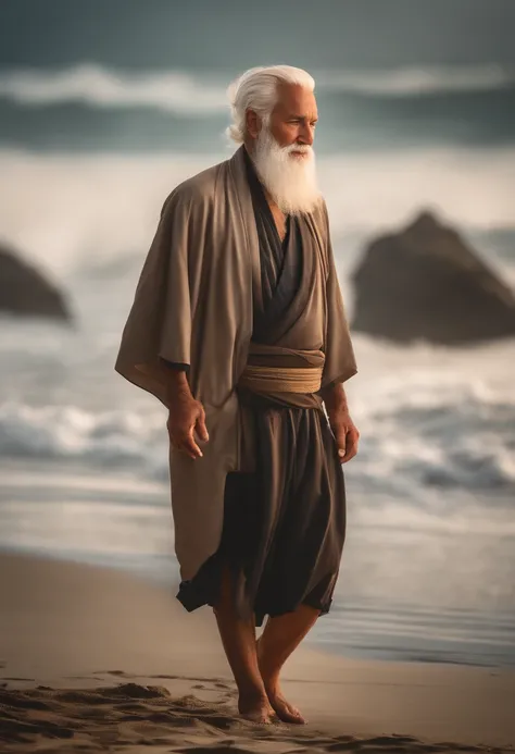 A sage, Resilient man with white hair and beard on beach tells a story .Miki Asai Fotografia, altamente detalhado, trending on ArtStation, foco nítido, Studio shot, detalhes intrincados, altamente detalhado, Directed by: Greg Rutkowski