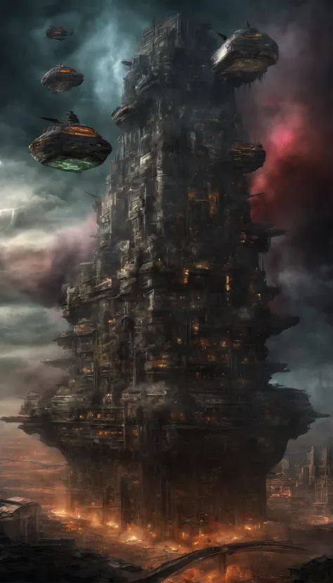 (sci fi art:1.5), Sci-fi post-apocalyptic world, (flying city:1.7), A white flying castle is located above, (The huge mechanism spews smoke:1.3), Panoramic view, Clouds of smoke, dark cloude, (Masterpiece), (Vivid colors:1.6)