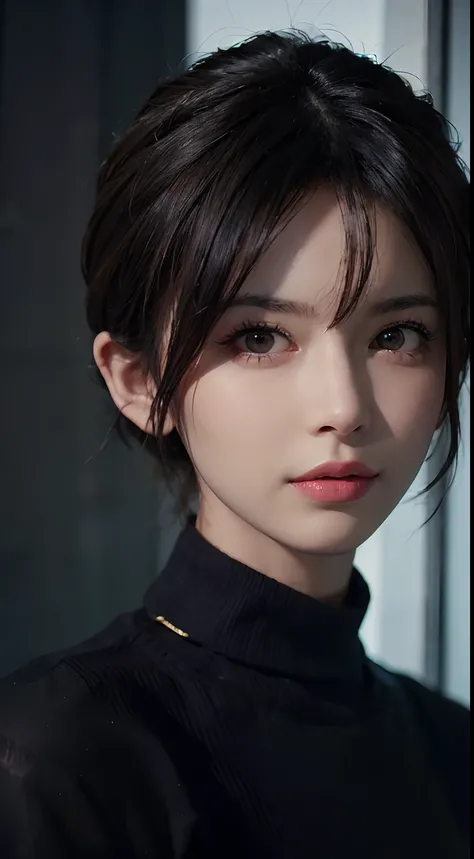 (masterpiece:1.3), (8k, photorealistic, RAW photo, best quality: 1.4), (1girl), beautiful face, (realistic face), (black hair, short hair:1.3), beautiful hairstyle, realistic eyes, beautiful detailed eyes, (realistic skin), beautiful skin, (sweater), absur...